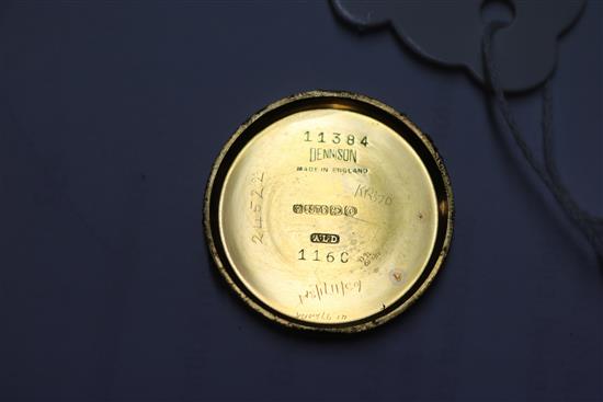 A gentlemans boys size 1930s 9ct gold Omega manual wind wrist watch, on associated strap.
